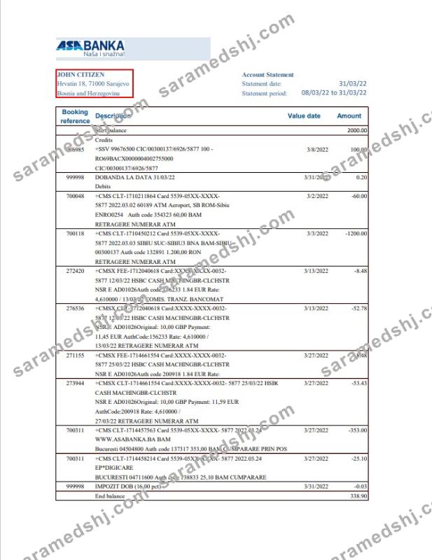 Bosnia and Herzegovina ASA Banka bank statement template in Excel and PDF format